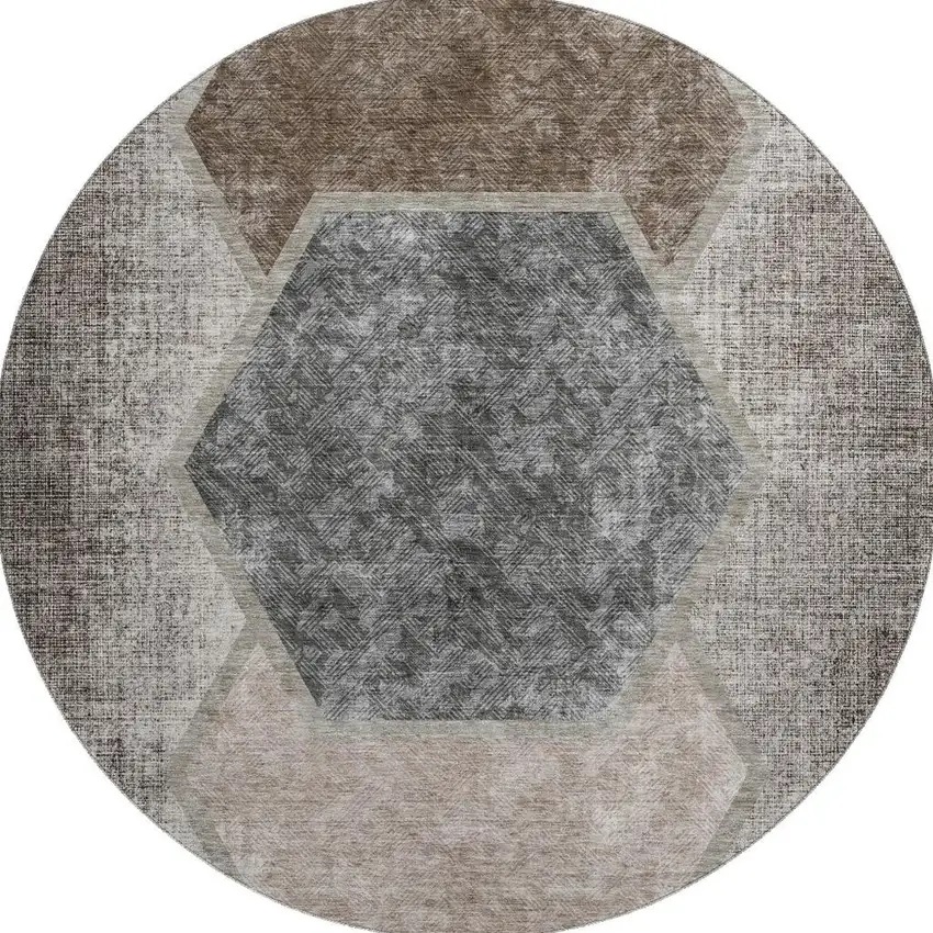 8' Brown Taupe And Charcoal Geometric Washable Round Rug With UV Protection Photo 1