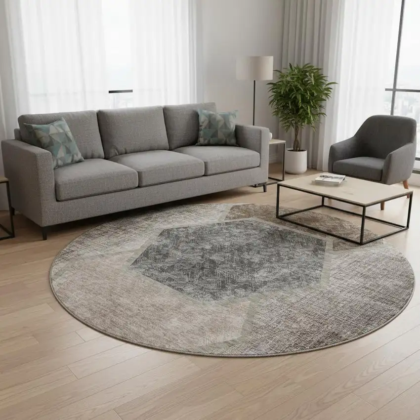 8' Brown Taupe And Charcoal Geometric Washable Round Rug With UV Protection Photo 2