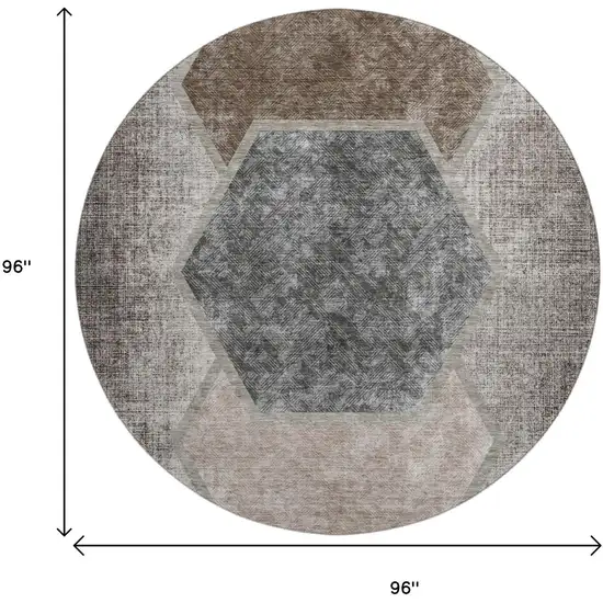 8' Brown Taupe And Charcoal Geometric Washable Round Rug With UV Protection Photo 5