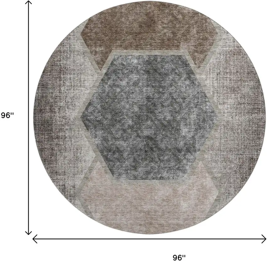 8' Brown Taupe And Charcoal Geometric Washable Round Rug With UV Protection Photo 5