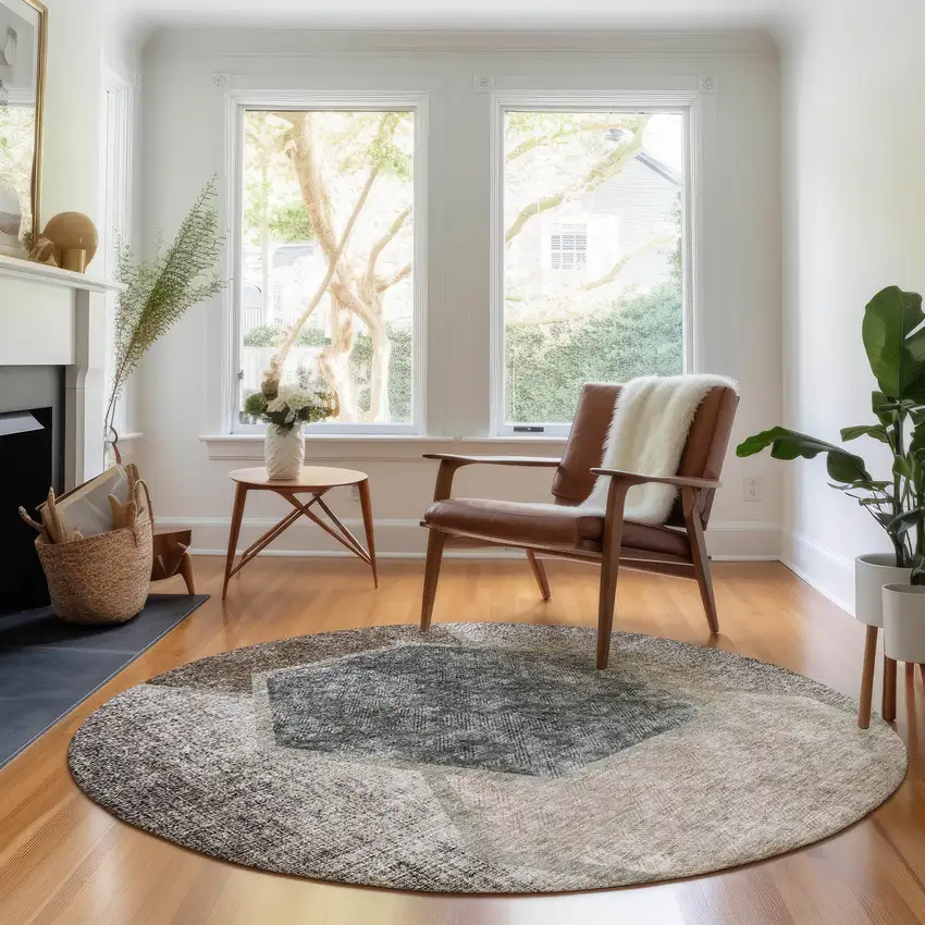 8' Brown Taupe And Charcoal Geometric Washable Round Rug With UV Protection Photo 4