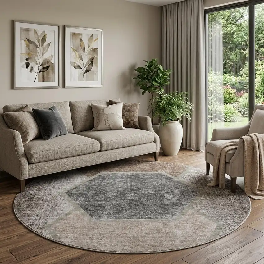 8' Brown Taupe And Charcoal Geometric Washable Round Rug With UV Protection Photo 1