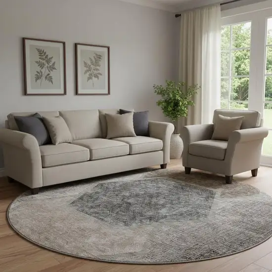 8' Brown Taupe And Charcoal Geometric Washable Round Rug With UV Protection Photo 1