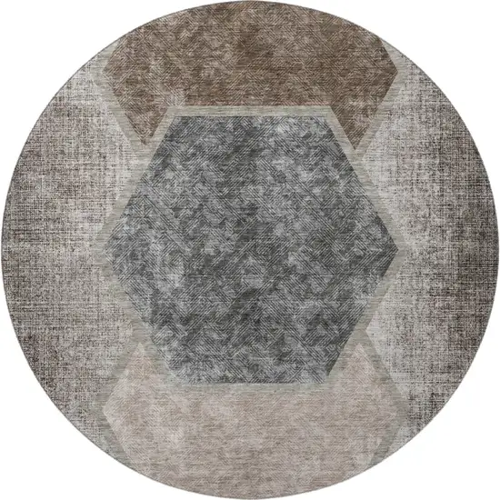 8' Brown Taupe And Charcoal Geometric Washable Round Rug With UV Protection Photo 3