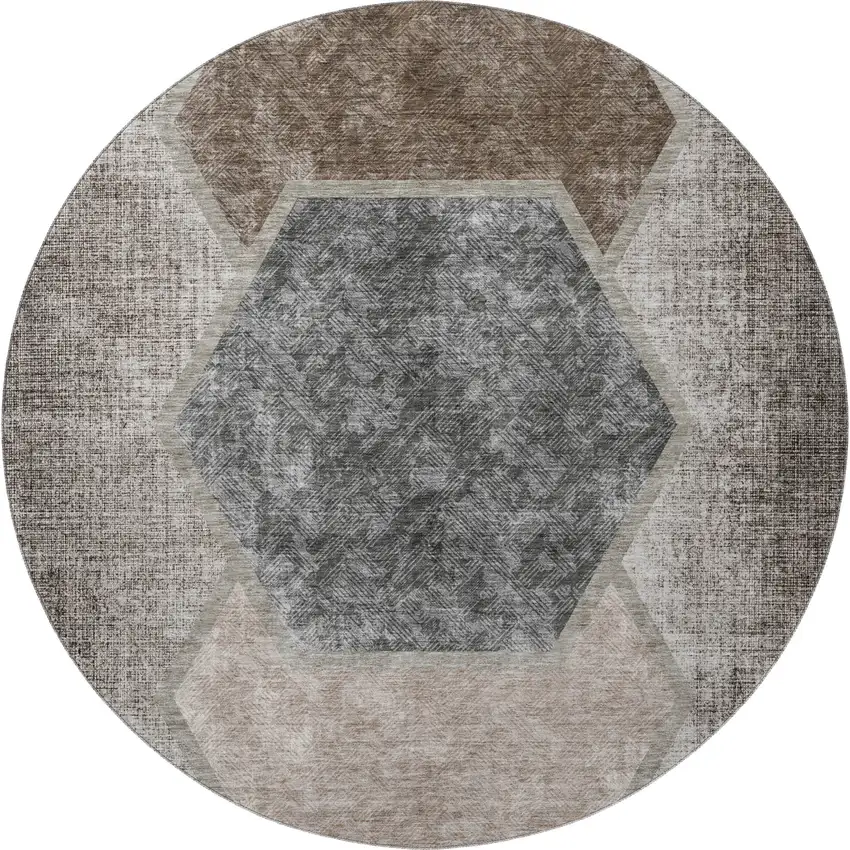 8' Brown Taupe And Charcoal Geometric Washable Round Rug With UV Protection Photo 3