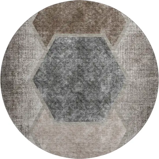 8' Brown Taupe And Charcoal Geometric Washable Round Rug With UV Protection Photo 6