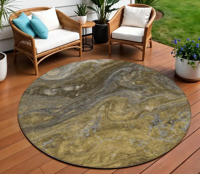8' Brown Taupe And Chocolate Round Abstract Washable Indoor Outdoor Area Rug Photo 1