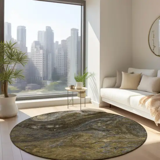 8' Brown Taupe And Chocolate Round Abstract Washable Indoor Outdoor Area Rug Photo 7