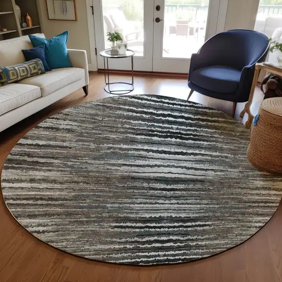 8' Brown Taupe And Chocolate Round Striped Washable Indoor Outdoor Area Rug Photo 7