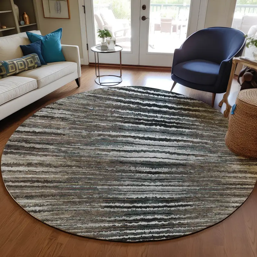8' Brown Taupe And Chocolate Round Striped Washable Indoor Outdoor Area Rug Photo 7