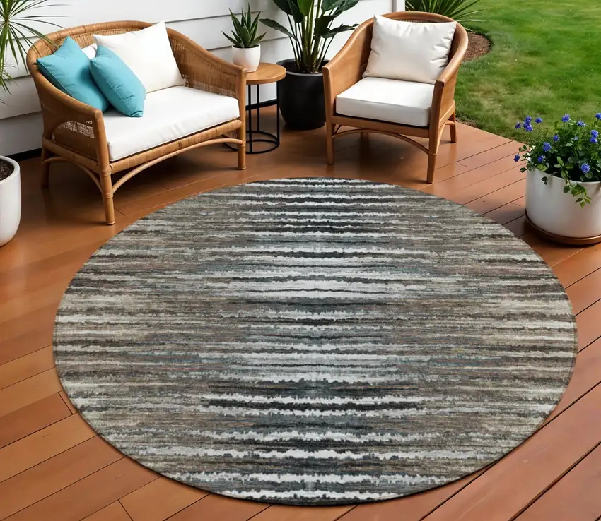 8' Brown Taupe And Chocolate Round Striped Washable Indoor Outdoor Area Rug Photo 1