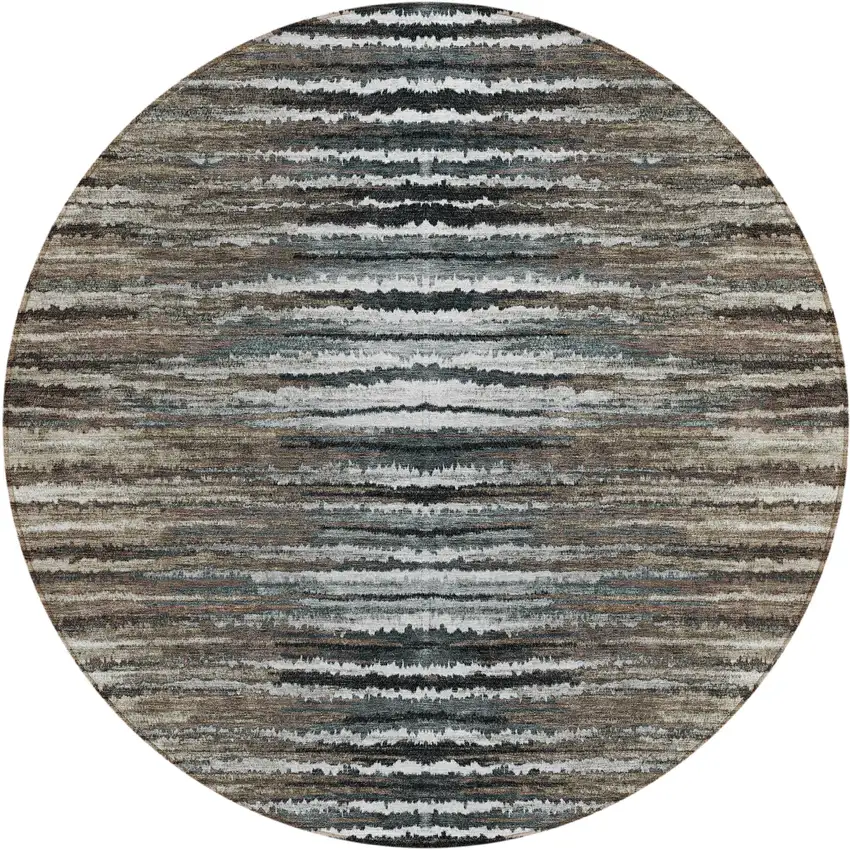 8' Brown Taupe And Chocolate Round Striped Washable Indoor Outdoor Area Rug Photo 2