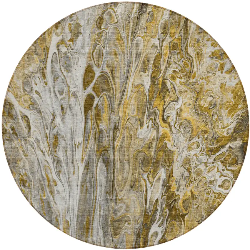 8' Brown Taupe And Gold Round Abstract Washable Indoor Outdoor Area Rug Photo 2