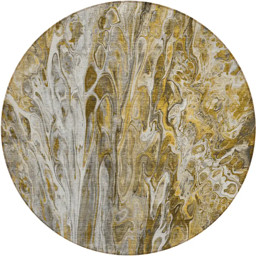 8' Brown Taupe And Gold Round Abstract Washable Indoor Outdoor Area Rug Photo 2
