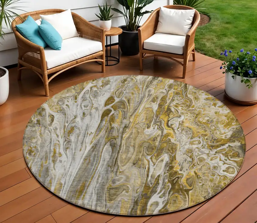 8' Brown Taupe And Gold Round Abstract Washable Indoor Outdoor Area Rug Photo 1