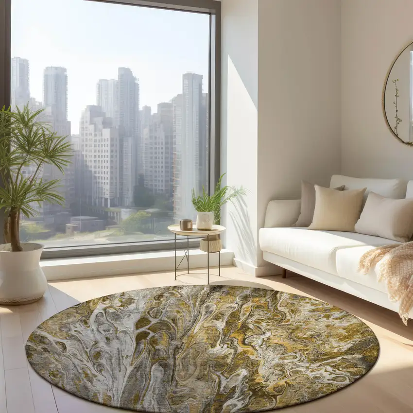 8' Brown Taupe And Gold Round Abstract Washable Indoor Outdoor Area Rug Photo 7