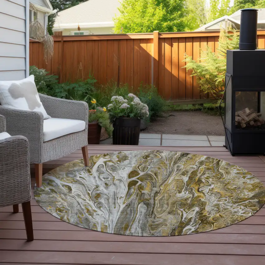 8' Brown Taupe And Gold Round Abstract Washable Indoor Outdoor Area Rug Photo 6