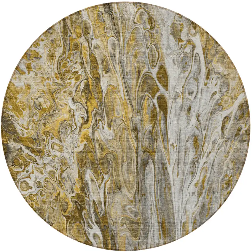 8' Brown Taupe And Gold Round Abstract Washable Indoor Outdoor Area Rug Photo 5