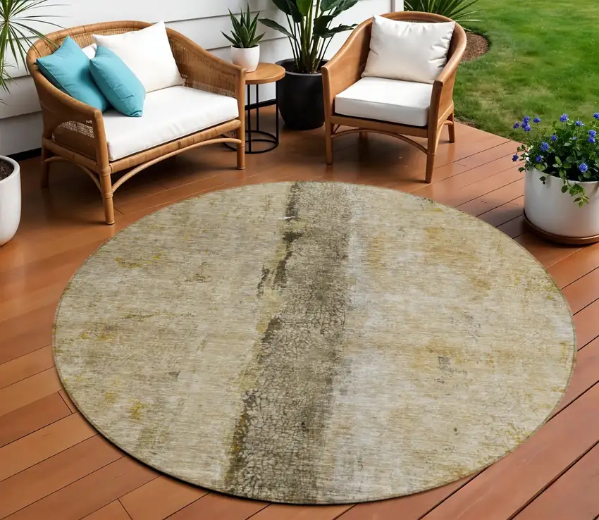 8' Brown Taupe And Gold Round Abstract Washable Indoor Outdoor Area Rug Photo 1
