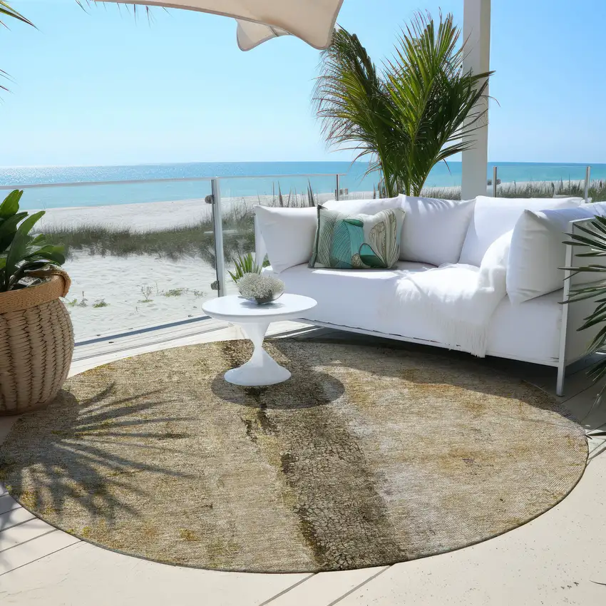 8' Brown Taupe And Gold Round Abstract Washable Indoor Outdoor Area Rug Photo 6