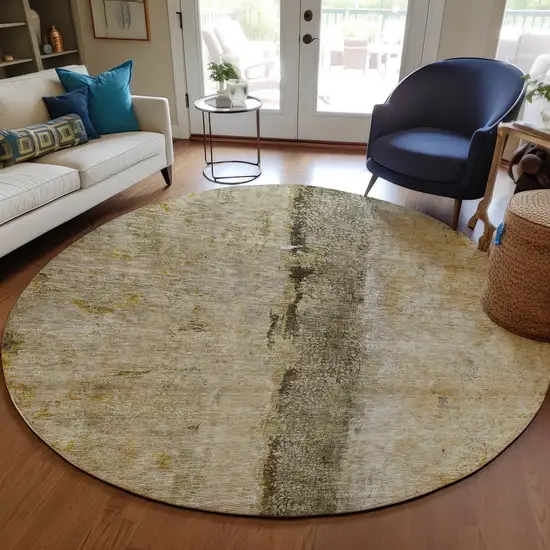 8' Brown Taupe And Gold Round Abstract Washable Indoor Outdoor Area Rug Photo 7