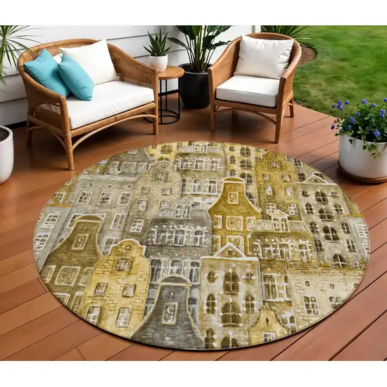 8' Brown Taupe And Gold Round Village Houses Washable Indoor Outdoor Area Rug Photo 1