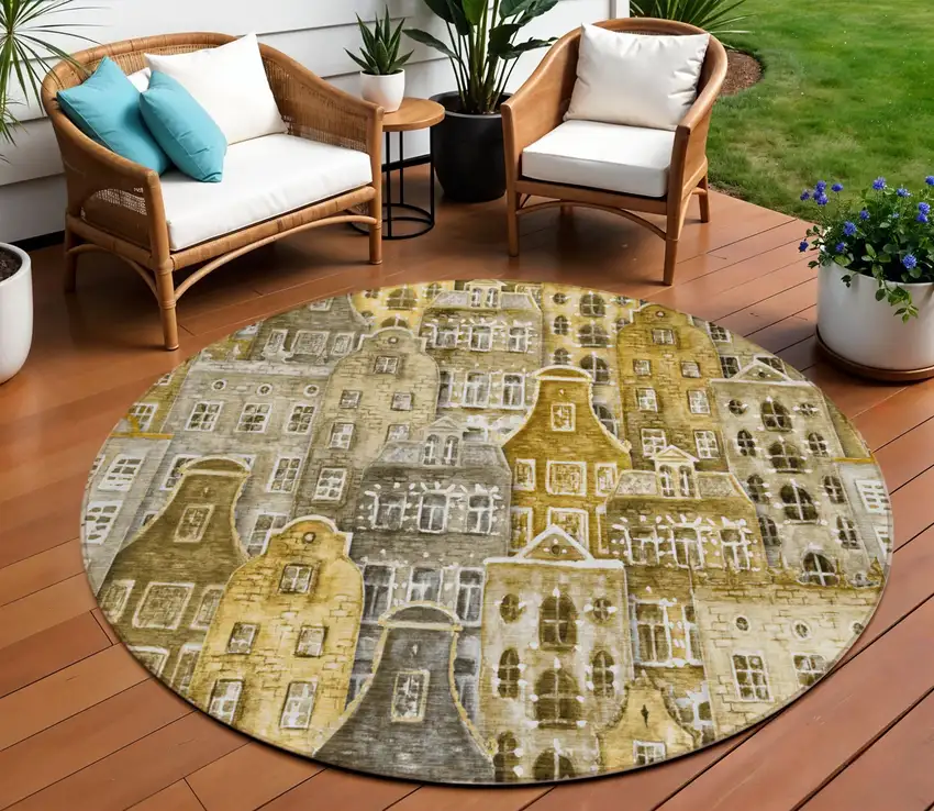 8' Brown Taupe And Gold Round Village Houses Washable Indoor Outdoor Area Rug Photo 1