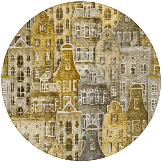 8' Brown Taupe And Gold Round Village Houses Washable Indoor Outdoor Area Rug Photo 5