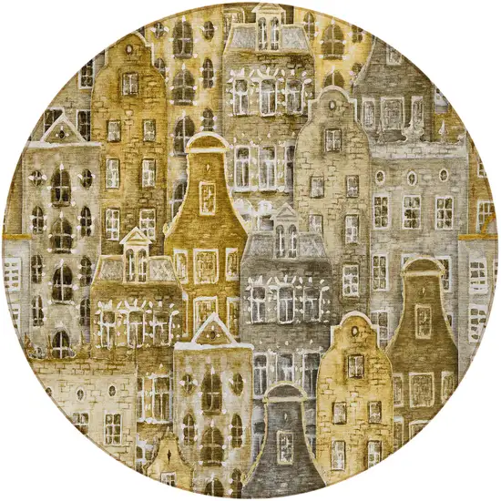 8' Brown Taupe And Gold Round Village Houses Washable Indoor Outdoor Area Rug Photo 5