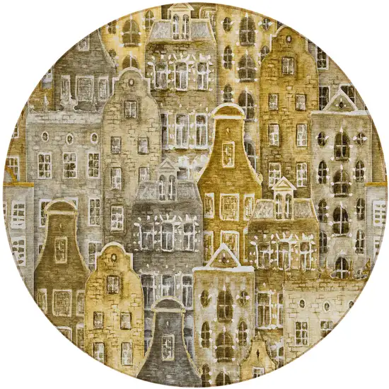 8' Brown Taupe And Gold Round Village Houses Washable Indoor Outdoor Area Rug Photo 2