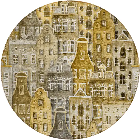8' Brown Taupe And Gold Round Village Houses Washable Indoor Outdoor Area Rug Photo 2