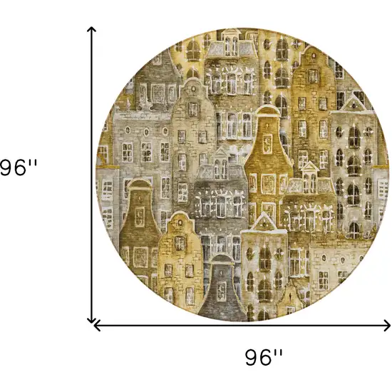 8' Brown Taupe And Gold Round Village Houses Washable Indoor Outdoor Area Rug Photo 4