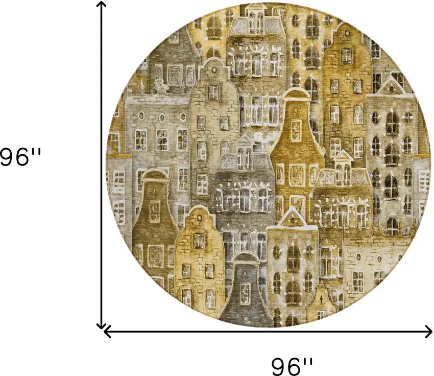 8' Brown Taupe And Gold Round Village Houses Washable Indoor Outdoor Area Rug Photo 4
