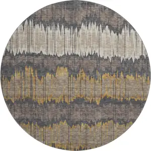 Photo of 8' Brown Taupe And Gold Striped Washable Round Rug With UV Protection