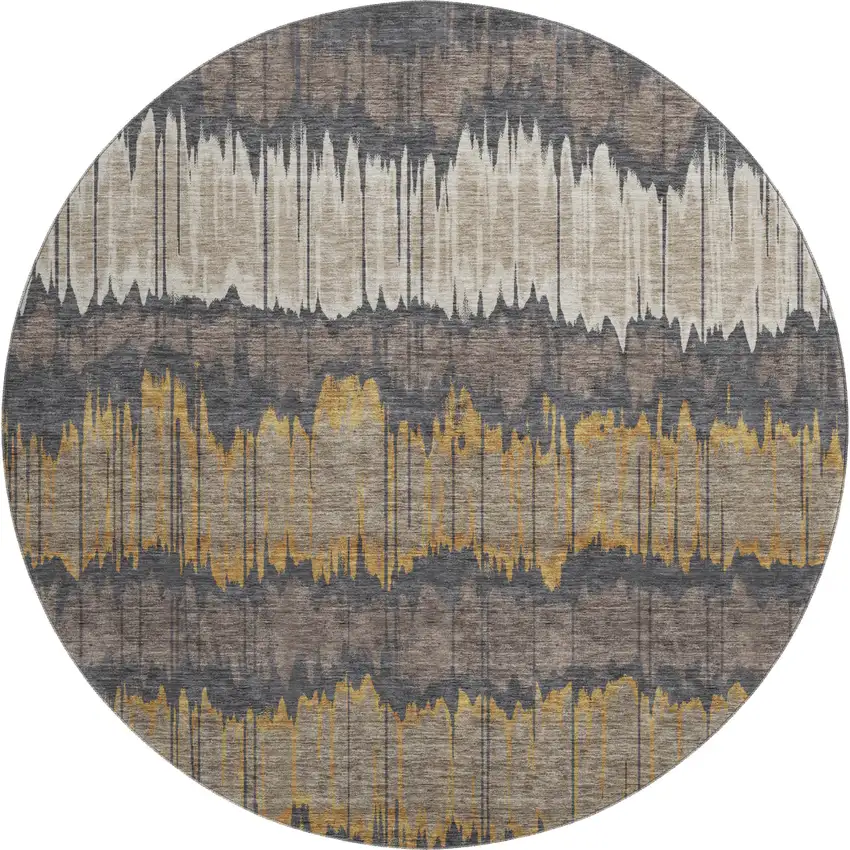 8' Brown Taupe And Gold Striped Washable Round Rug With UV Protection Photo 1