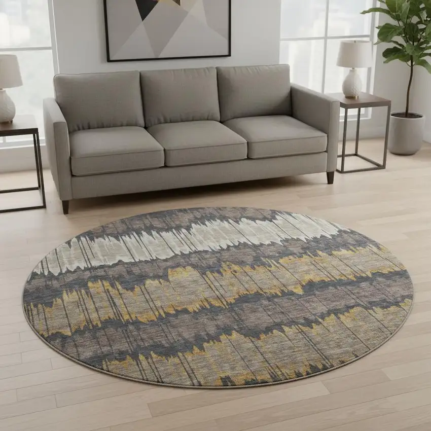 8' Brown Taupe And Gold Striped Washable Round Rug With UV Protection Photo 2