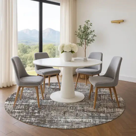 8' Brown Taupe And Gray Geometric Washable Round Rug With UV Protection Photo 5