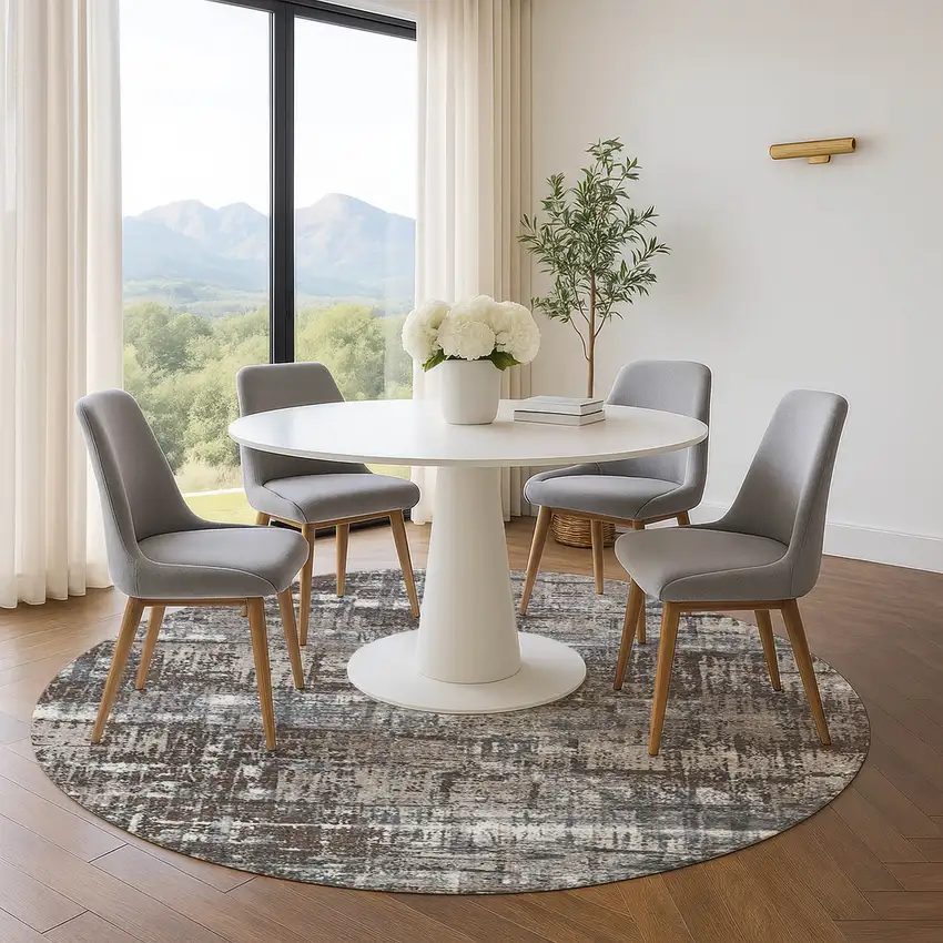 8' Brown Taupe And Gray Geometric Washable Round Rug With UV Protection Photo 5