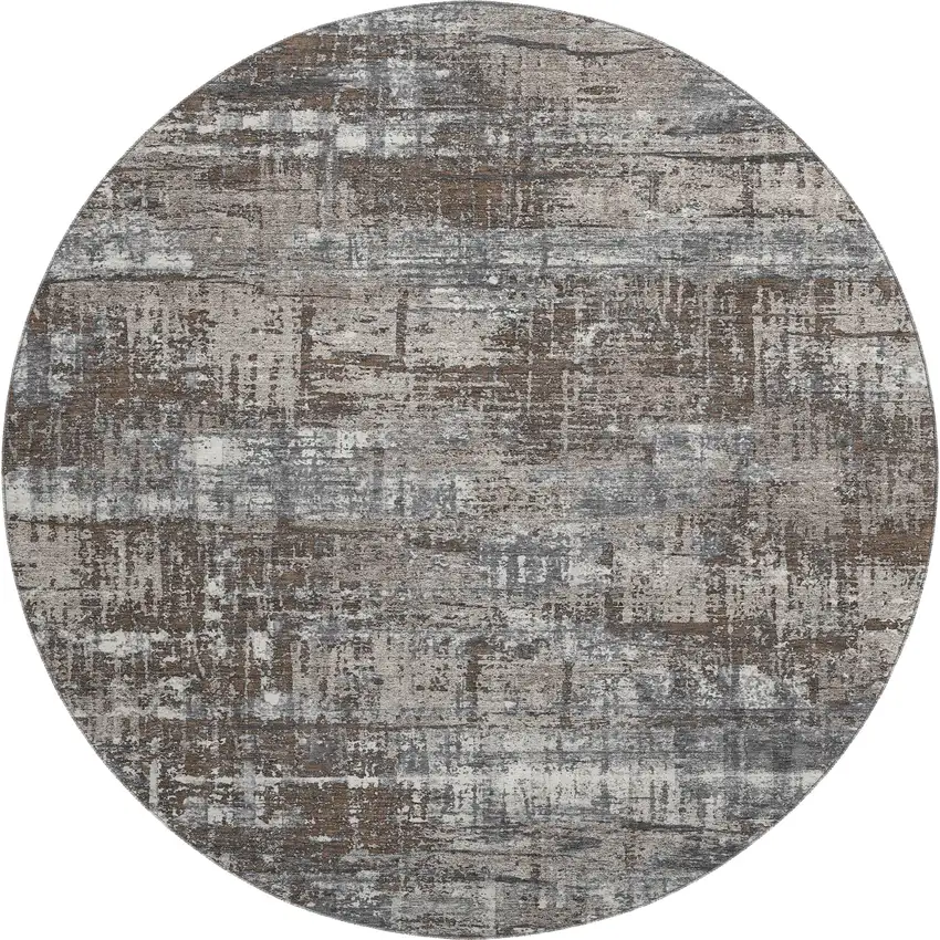 8' Brown Taupe And Gray Geometric Washable Round Rug With UV Protection Photo 1