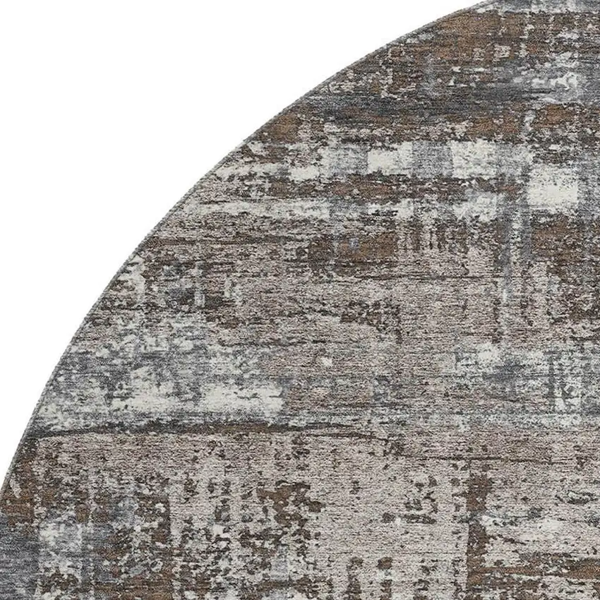 8' Brown Taupe And Gray Geometric Washable Round Rug With UV Protection Photo 3
