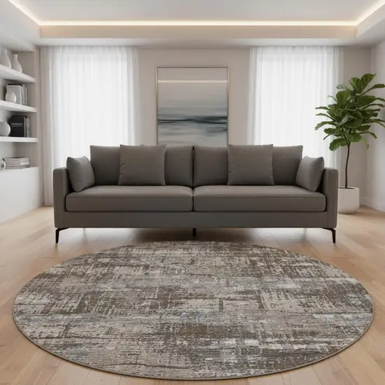 8' Brown Taupe And Gray Geometric Washable Round Rug With UV Protection Photo 2