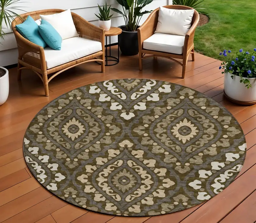 8' Brown Taupe And Gray Round Floral Washable Indoor Outdoor Area Rug Photo 1