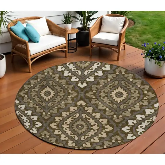 8' Brown Taupe And Gray Round Floral Washable Indoor Outdoor Area Rug Photo 1