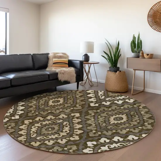 8' Brown Taupe And Gray Round Floral Washable Indoor Outdoor Area Rug Photo 8