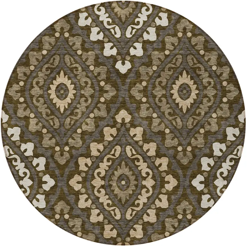 8' Brown Taupe And Gray Round Floral Washable Indoor Outdoor Area Rug Photo 2
