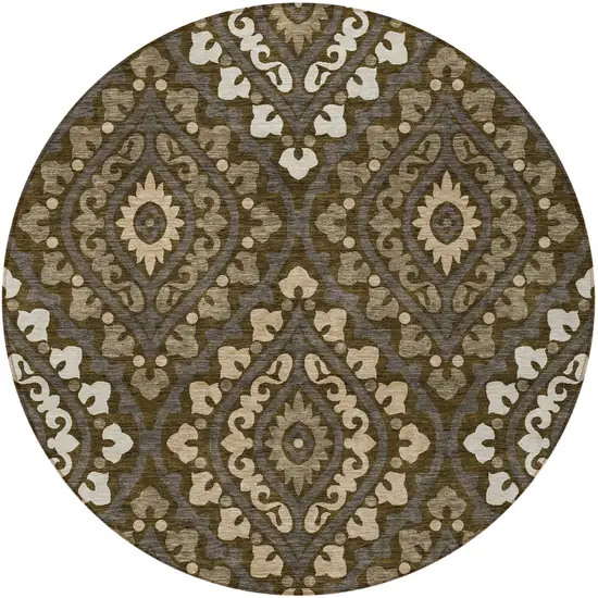 8' Brown Taupe And Gray Round Floral Washable Indoor Outdoor Area Rug Photo 2