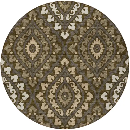 8' Brown Taupe And Gray Round Floral Washable Indoor Outdoor Area Rug Photo 2