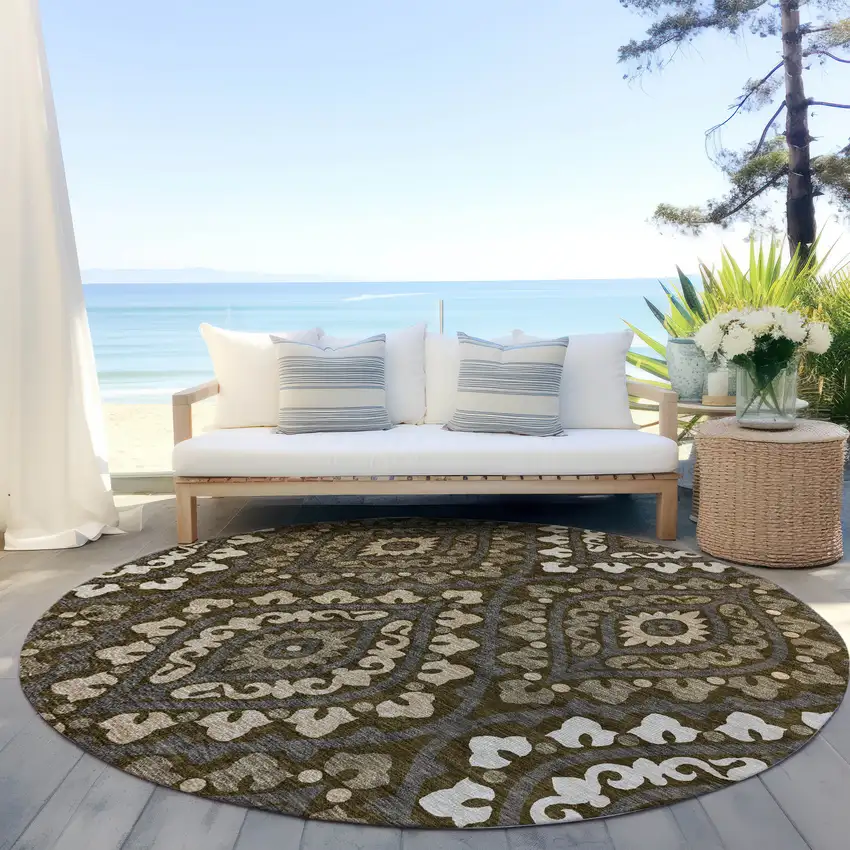 8' Brown Taupe And Gray Round Floral Washable Indoor Outdoor Area Rug Photo 7