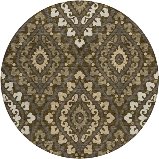 8' Brown Taupe And Gray Round Floral Washable Indoor Outdoor Area Rug Photo 1