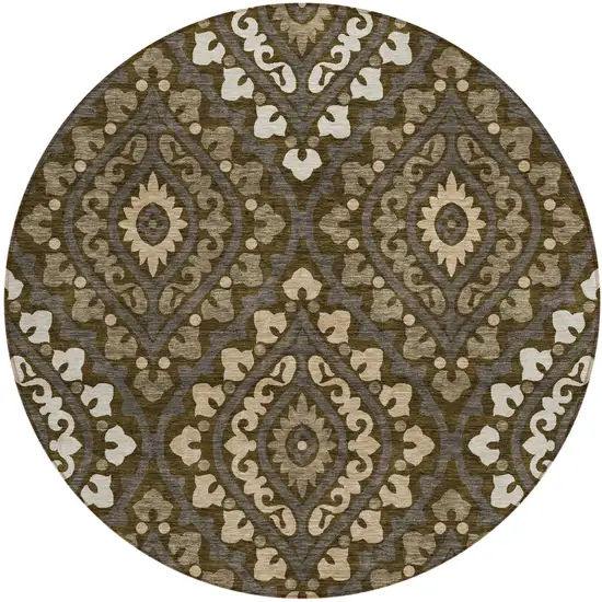 8' Brown Taupe And Gray Round Floral Washable Indoor Outdoor Area Rug Photo 1